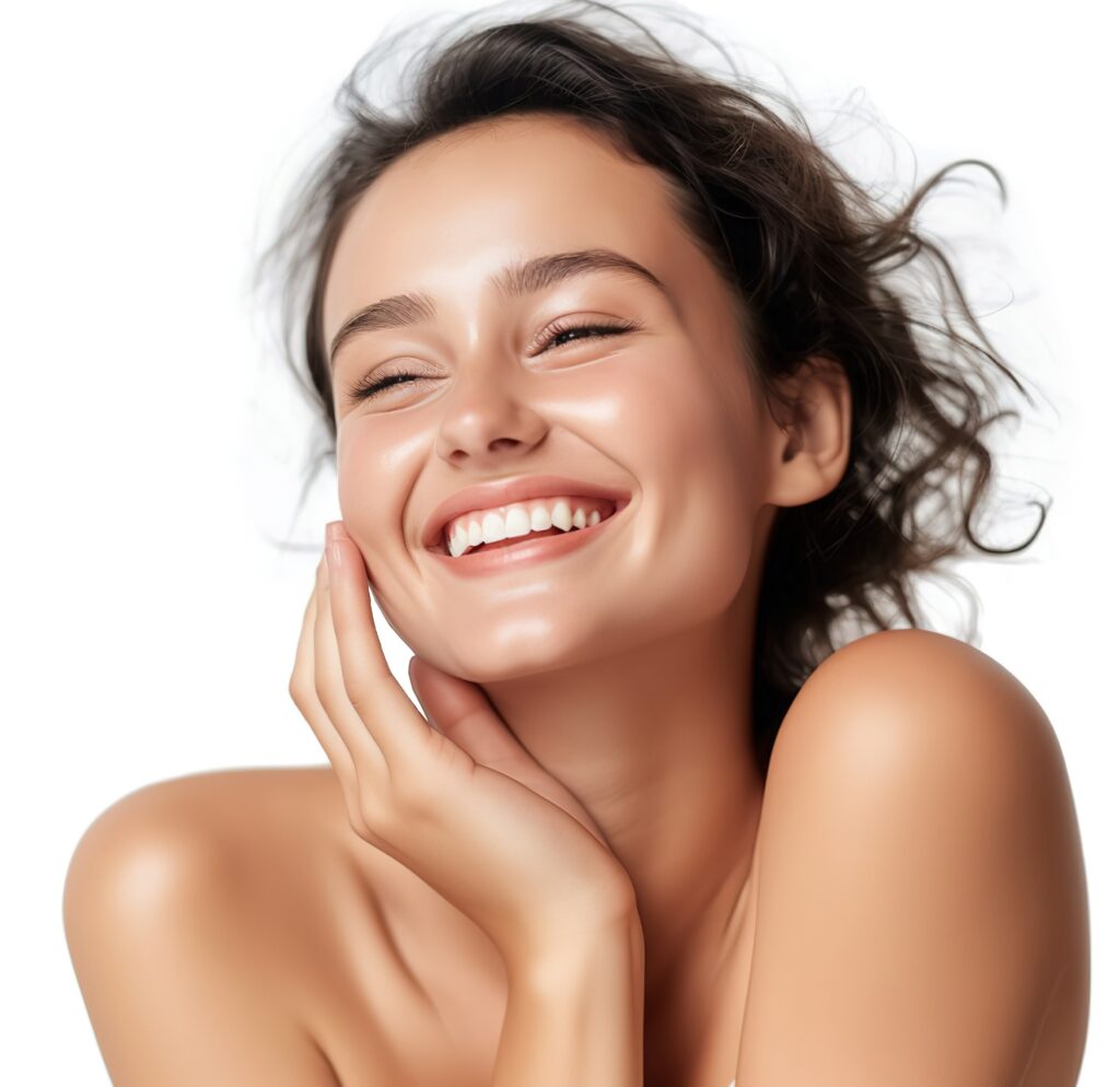 Woman smiling while touching her flawless glowy skin with copy space for your advertisement, skincare | Soul Aesthetics in Tulsa, OK